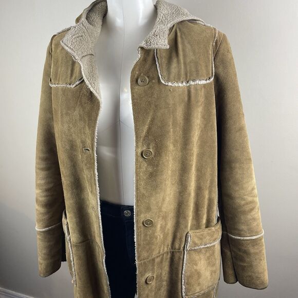 Vtg Gap Y2K Tan Suede Leather Patchwork Coat Womens Sz M Sherpa Lined Hooded - Picture 2 of 9